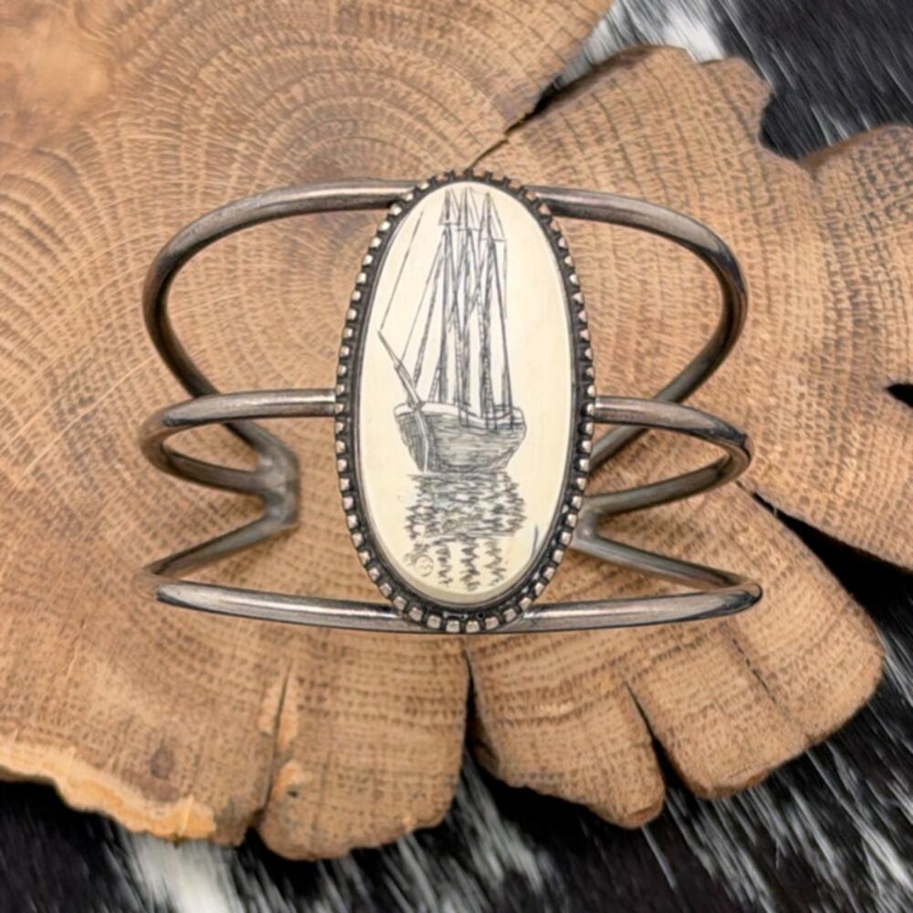 SOUTHWEST STYLE Sterling Silver Cuff Bracelet With Tall Ship Scrimshaw Cabochon